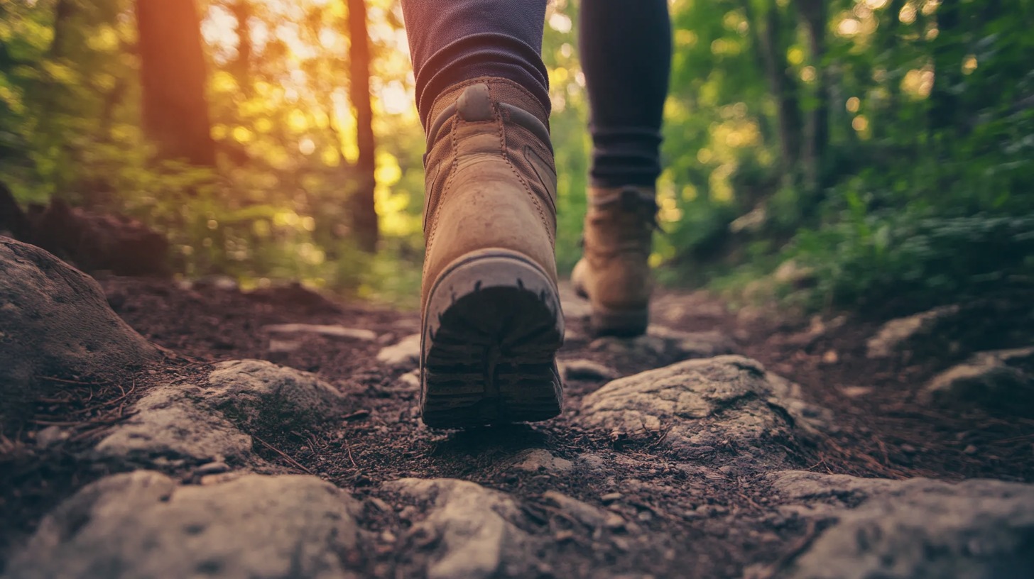 Close-up of a hiker's boot walking on a rocky trail in a sunlit forest