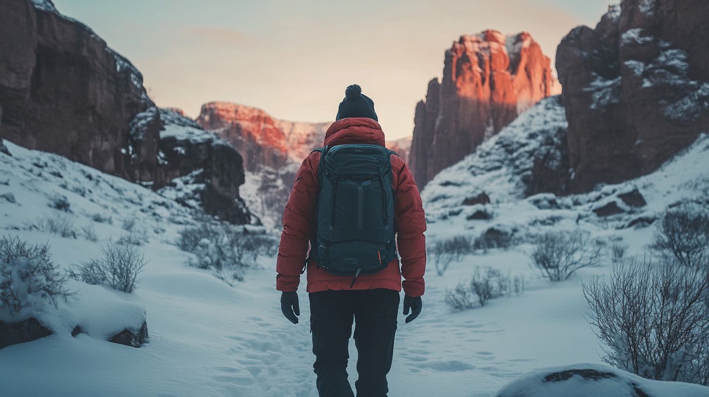 A hiker in a red jacket and backpack walks through a snowy canyon with glowing orange cliffs at sunset