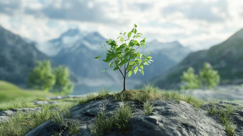 A young tree growing on a rocky hill with mountains and greenery in the background, bathed in soft sunlight