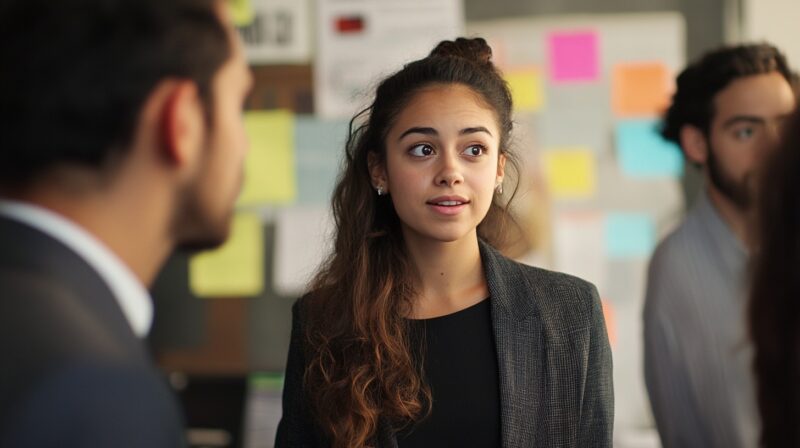 Young woman speaking confidently in a professional setting with colleagues and brainstorming notes in the background