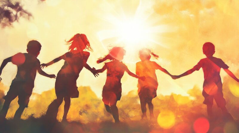 A group of children holding hands and running toward the sunset, symbolizing togetherness and happiness