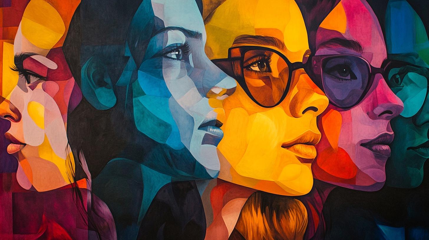 Abstract artwork depicting multiple overlapping faces in vivid, colorful hues, symbolizing diversity and connection