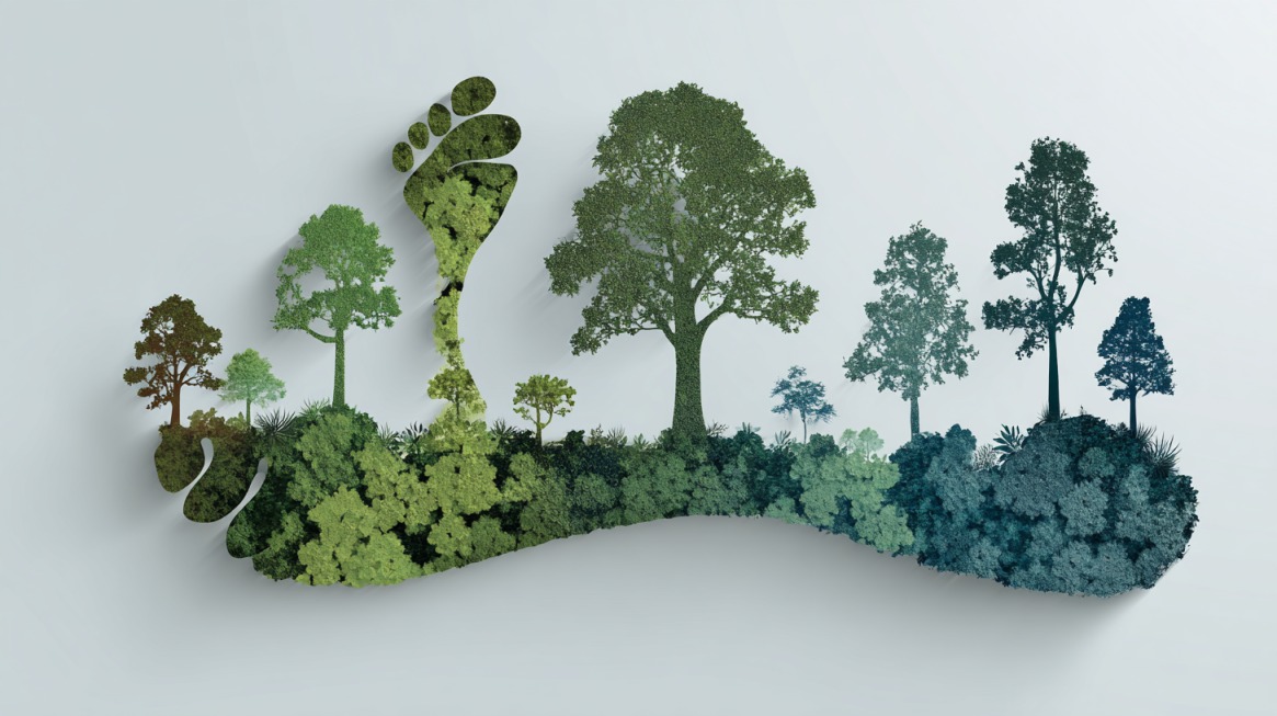 Illustration of a footprint made from trees and greenery, symbolizing environmental impact
