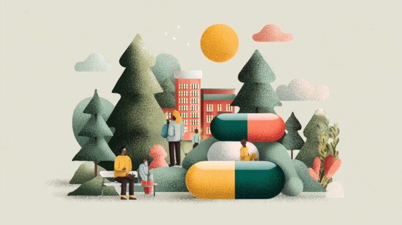 Artwork of people in a park with oversized capsules, trees, and buildings under the sun