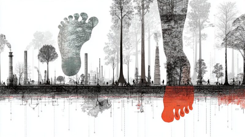 Artistic depiction of industrial and natural landscapes with large footprints symbolizing environmental impact
