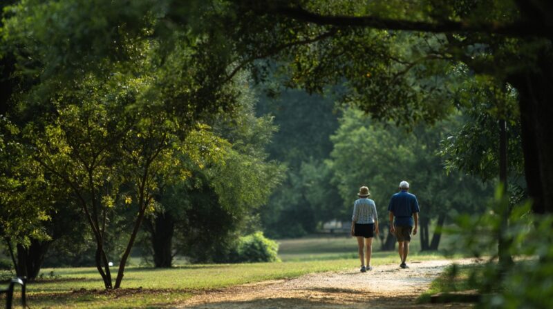 Two people walking on a shaded park trail surrounded by trees and greenery