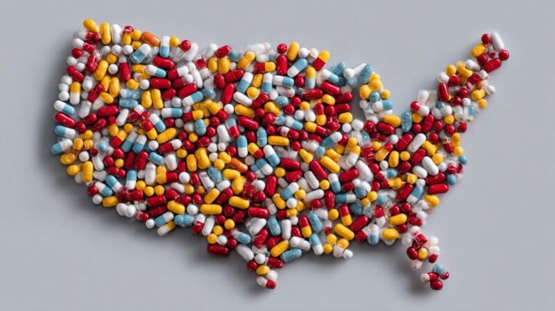 United States map formed from assorted red, yellow, blue, and white capsules and pills