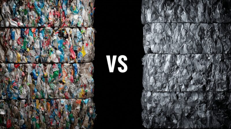 Bales of crushed recycled cans on one side and virgin aluminum on the other with "VS" in between