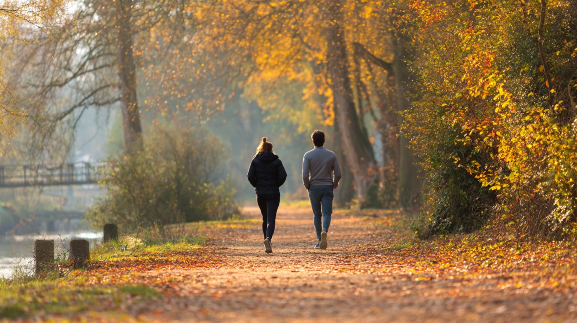 Couple walking on a leaf-covered trail in a park during autumn