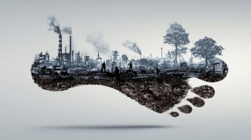 Footprint silhouette filled with an industrial scene, smokestacks, and workers, symbolizing environmental impact