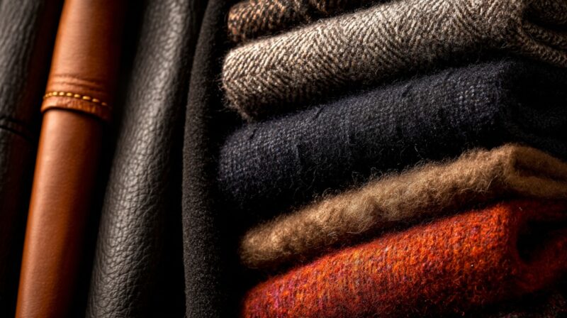 Stack of folded wool and leather garments in warm, rich colors