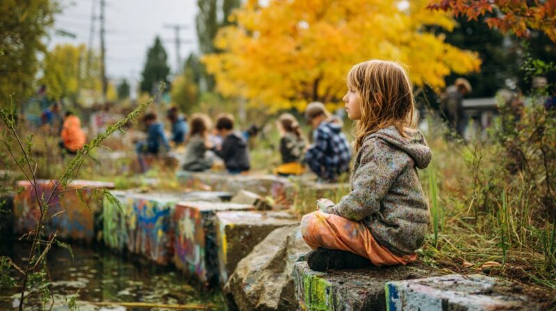 Child sitting on a painted rock in a park, with colorful autumn trees and other children in the background
